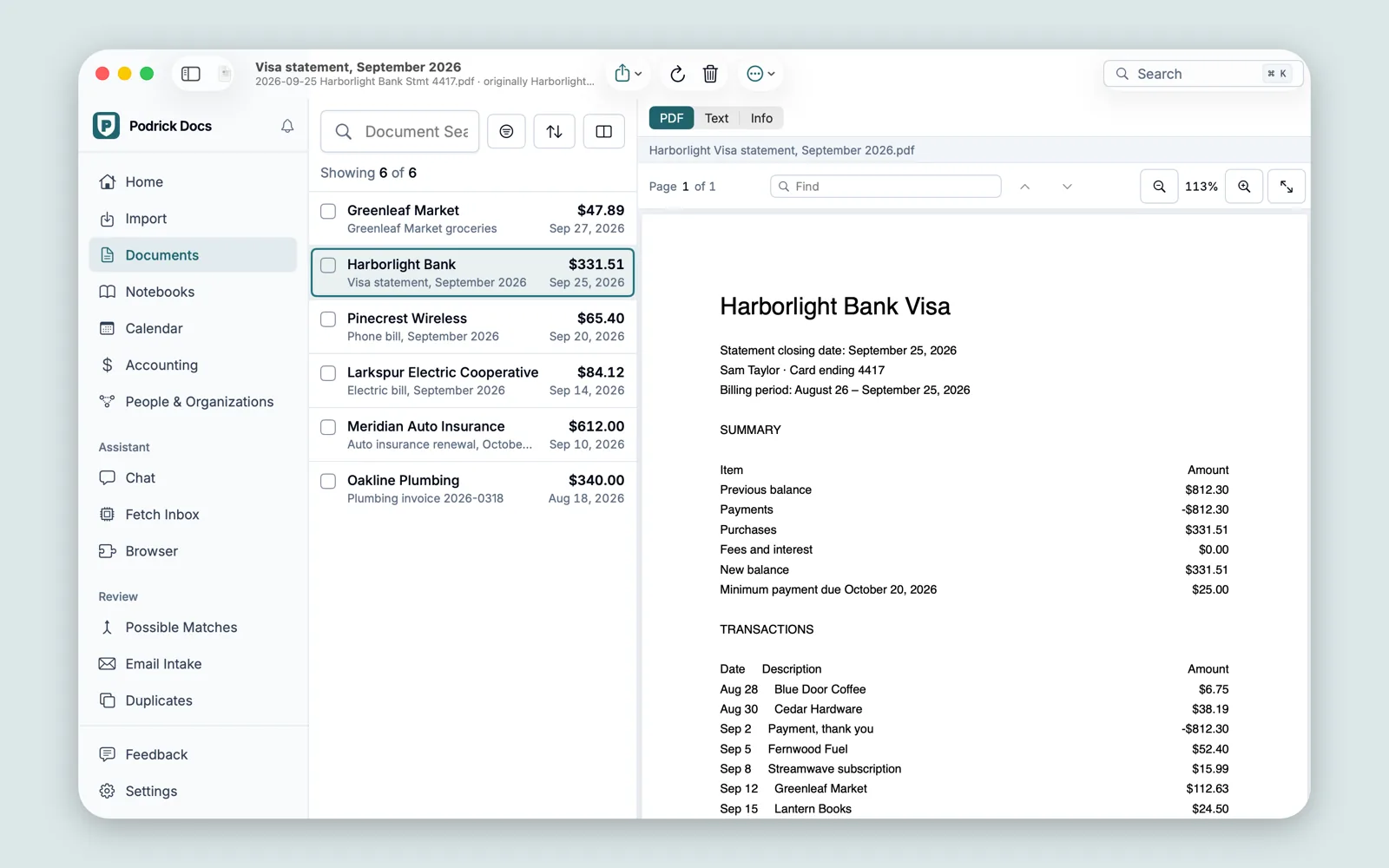 A sample Visa statement from Harborlight Bank open in Podrick Docs,
with its balances and transactions, next to the list of documents.